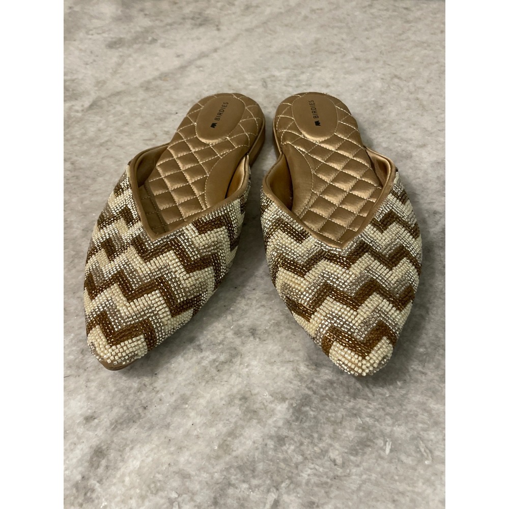 Birdies Mules Womens 8 Gold Beaded The Phoebe‎ Chevron Pointed Toe Flats